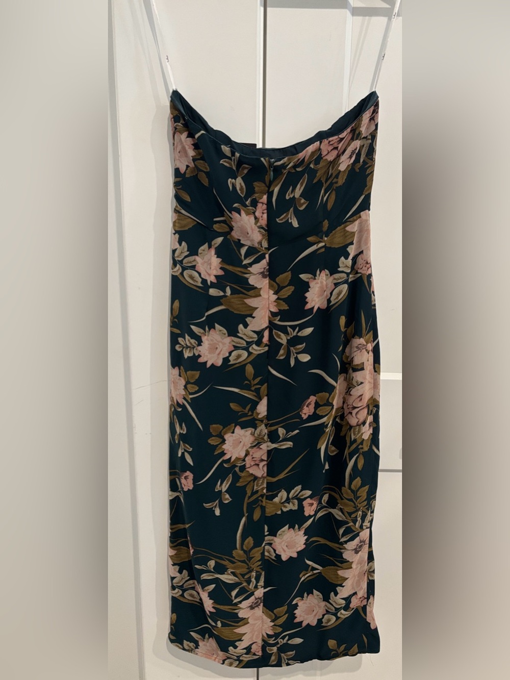 Green and Blush Floral Strapless Sweetheart Tulip Midi Dress. Size L - Picture 6 of 12